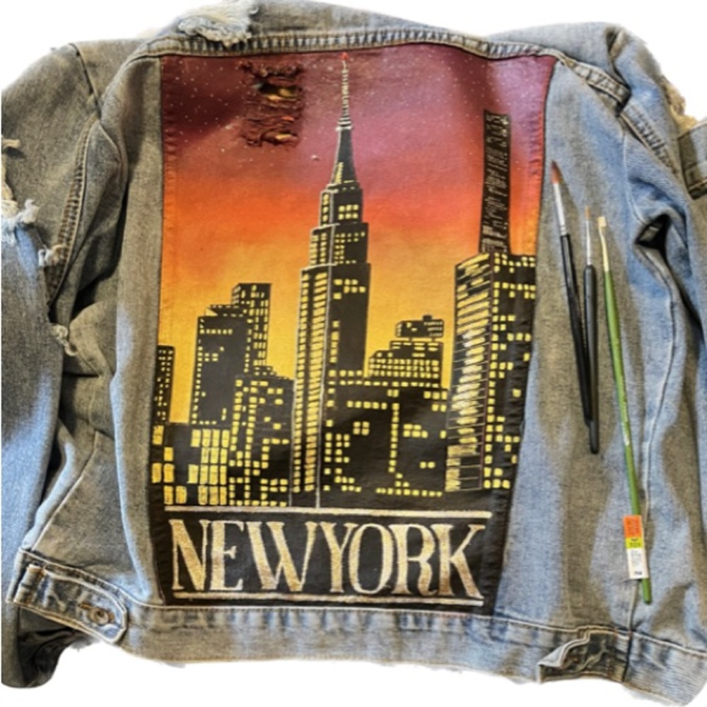 Ladies Hand Painted Distressed Denim Jacket of the New York Skylight at Sunset